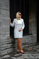 ست مانتو کتی آبی روشن و شلوار دارچینی